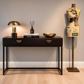 console in ferro nero naturale e maniglie ottone